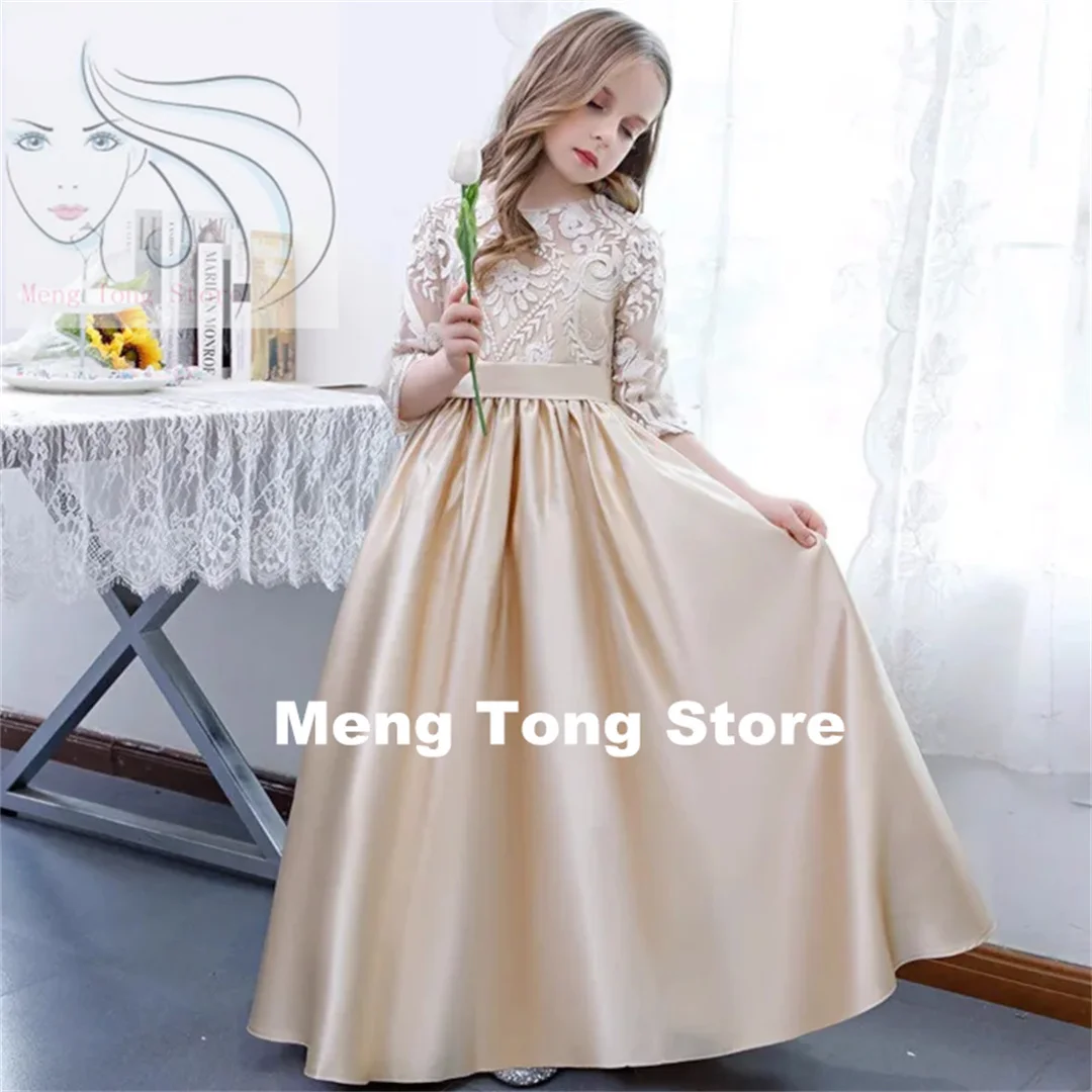 Flower Girl Dresses Champagne Satin White Flory Pattern Half Sleeve For Wedding Birthday Party Banquet Princess Gowns