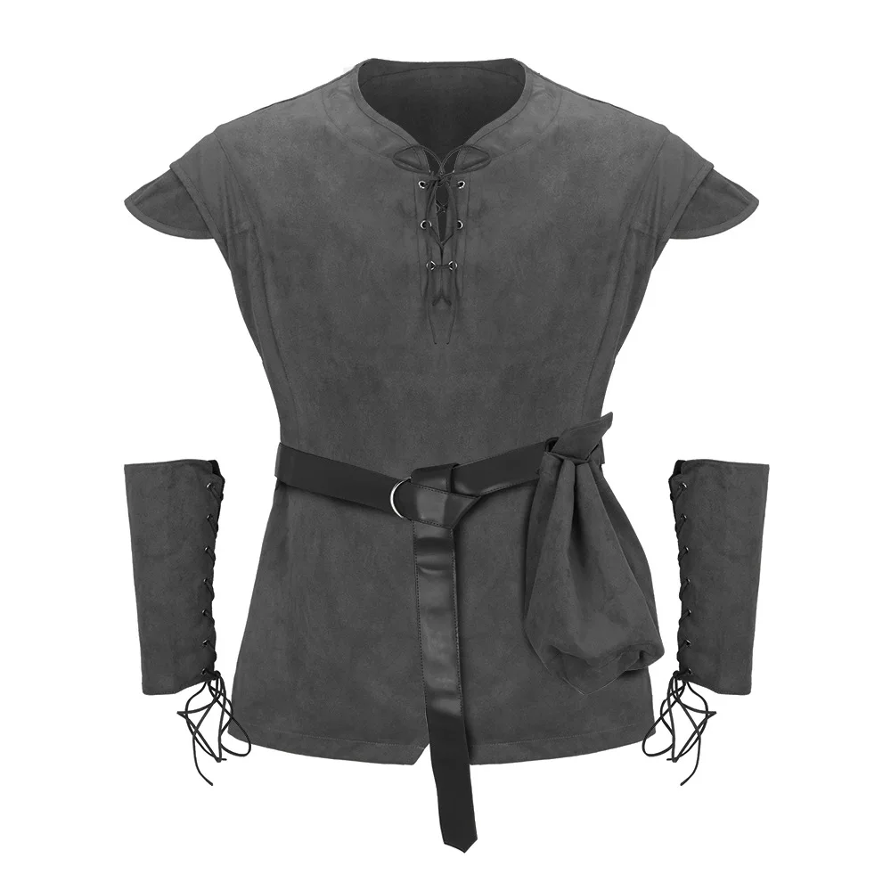 Camisa Medieval Renacentista de Pirata para Hombre, Manga Corta, con Cordones, Conjunto de Blusa Vintage para Disfraz de Halloween, Estilo Victoriano, Vikingo