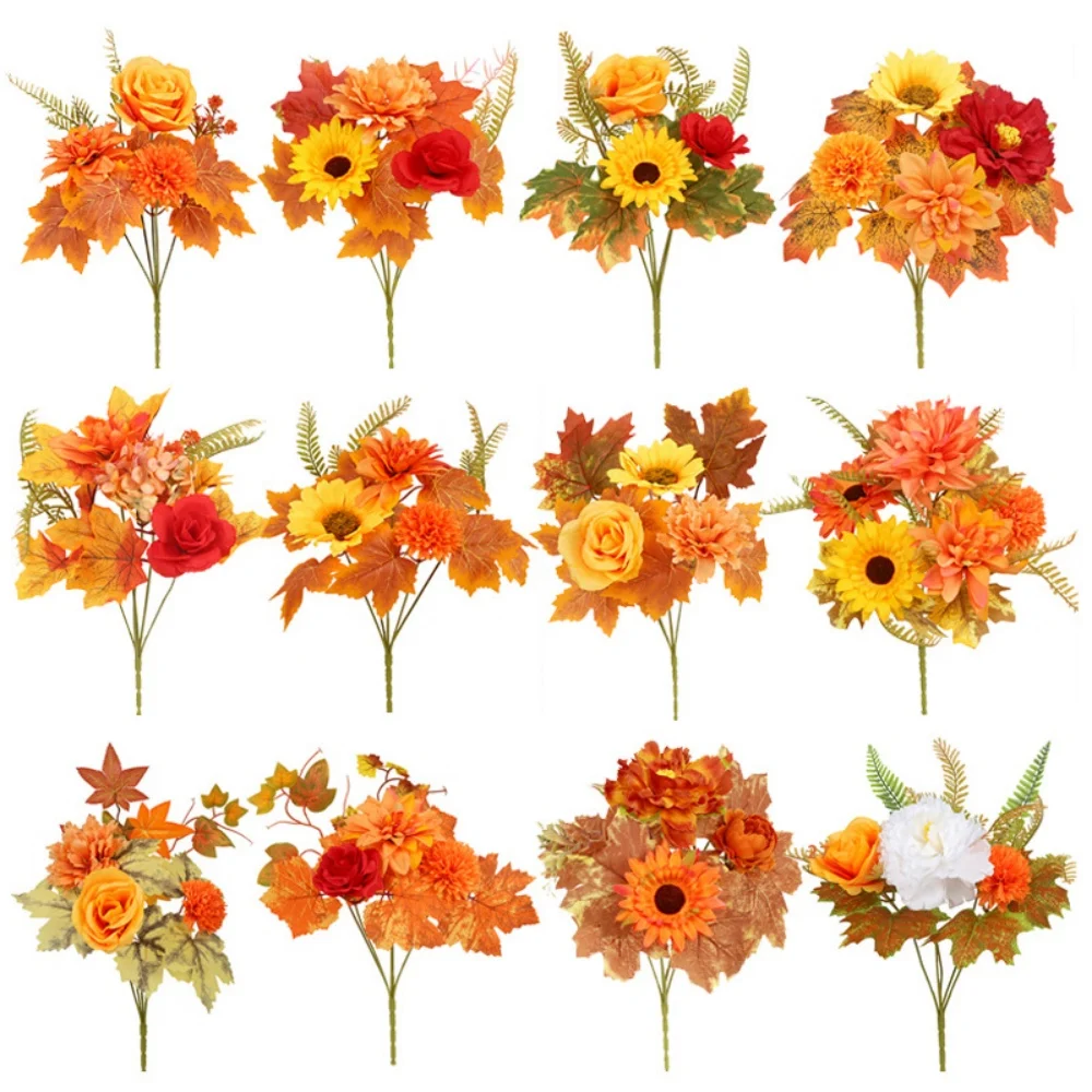 Faux Plants Realistic Decorative Pumpkin Wreath Artificial Maple Leaf Bouquet Vibrant Thanksgiving Fall Bouquet For Autumn Home