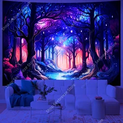 Psychedelic Forest UV Reactive Tapestry Hippie Plant Nature Tree Wall Tapestry Misty Jungle Neon Poster Bedroom Backdrop Decor