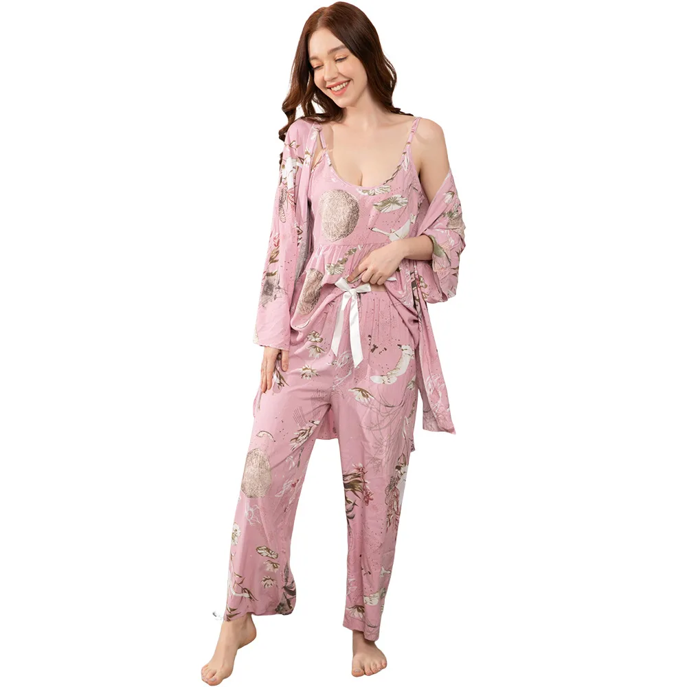 Plus Size S-6XL Women\'s Pajama Set Cotton Three-piece Loose Fit with Floral Print Loose Homewear Pajamas for Women