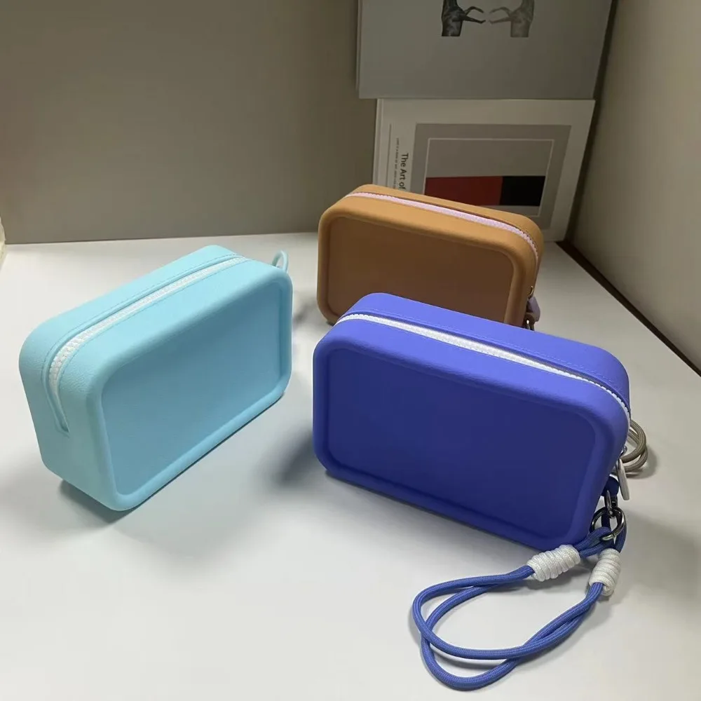 Fashion Solid Color Square Wallet Silicone With Wrist Strap Coin Purse Zipper Cosmetic Bag Earphone