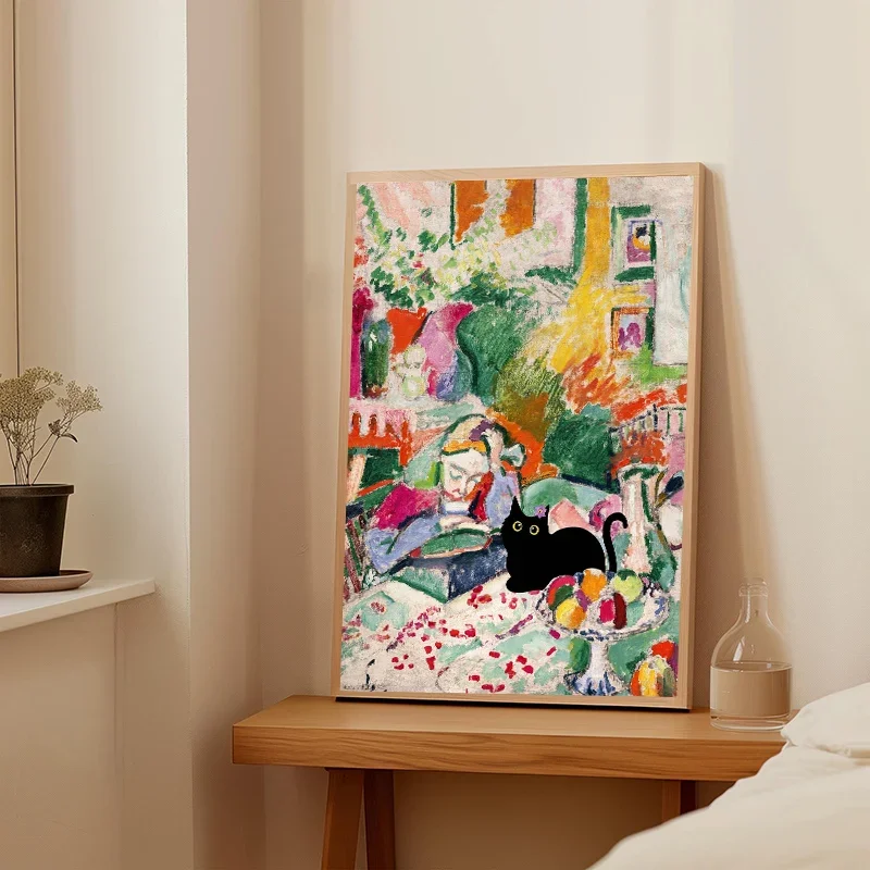 Multiple sizes 1pc frameless Canvas Painting,Vintage Funny Black Cat Open Windows View Landscap Poster Mediterranean Sea Boat Wa