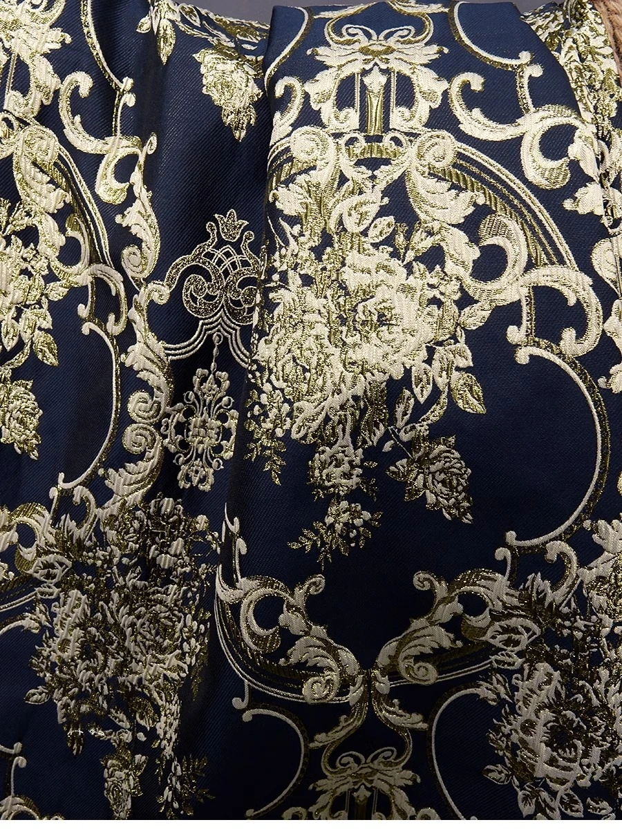 

Темно-синяя золотая тисненая жаккардовая ткань, дизайн, швейный материал, ткань для свадебного платья, ширина 145 см, продается на метр