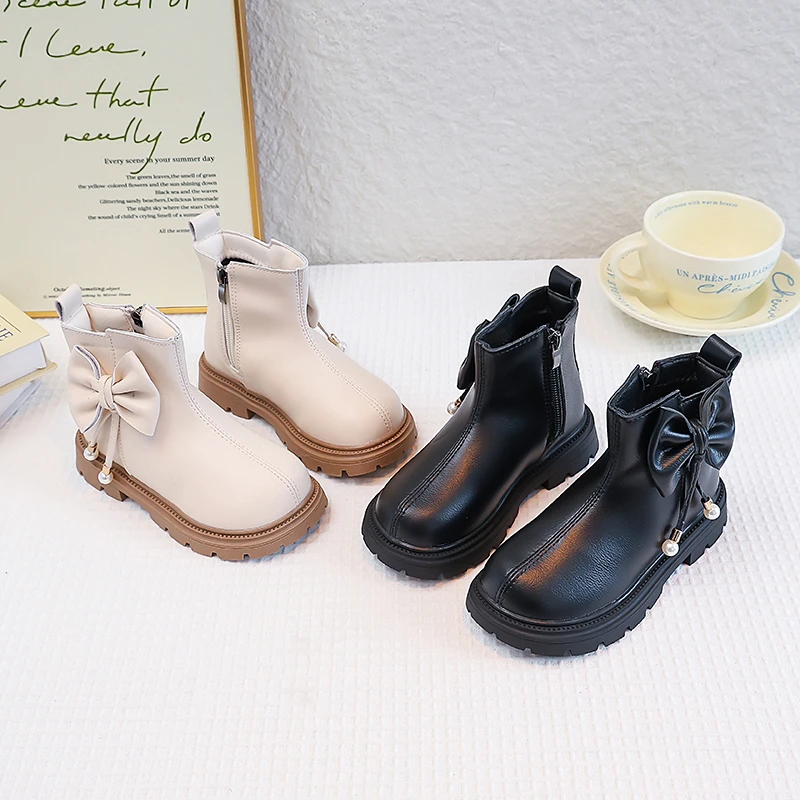 

Girls Princess Boots Sweet Bowknot Children Short Leather Boots Causal Elegant Kids Ankle Boots Round-toe Side Zipper Size 26-36