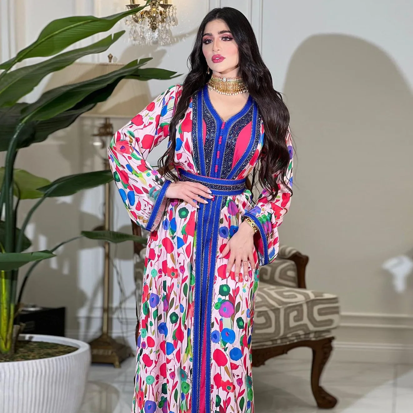 

AB314 Muslim Abaya Robe 2023 Printed Hot Diamond Set Dress