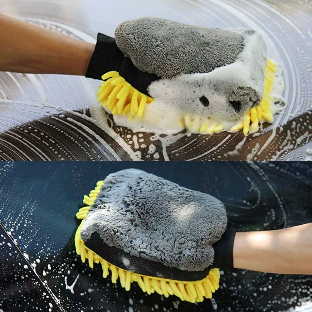 قفازات غسيل السيارات على الوجهين، قفازات تنظيف سميكة متعددة الوظائف مقاومة للخدش، فرشاة تفاصيل شمع السيارة #1