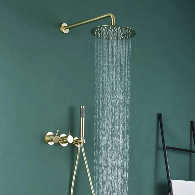 Tuqiu Brushed Gold Concealed Bathroom Shower Faucet Valve Faucet Set With Round Shower Head Grey/Black Bathroom Wall Shower Kit