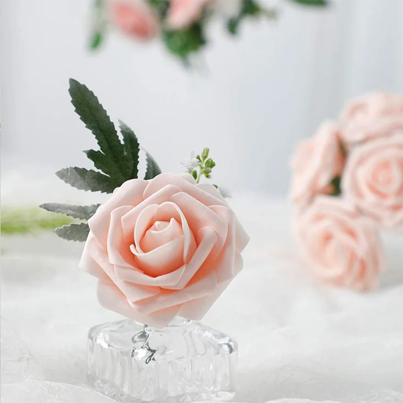 Artificial Flowers 25pcs Real Looking Blush Foam Fake Roses with Stems for DIY Wedding Bouquets Bridal Shower Centerpieces Party