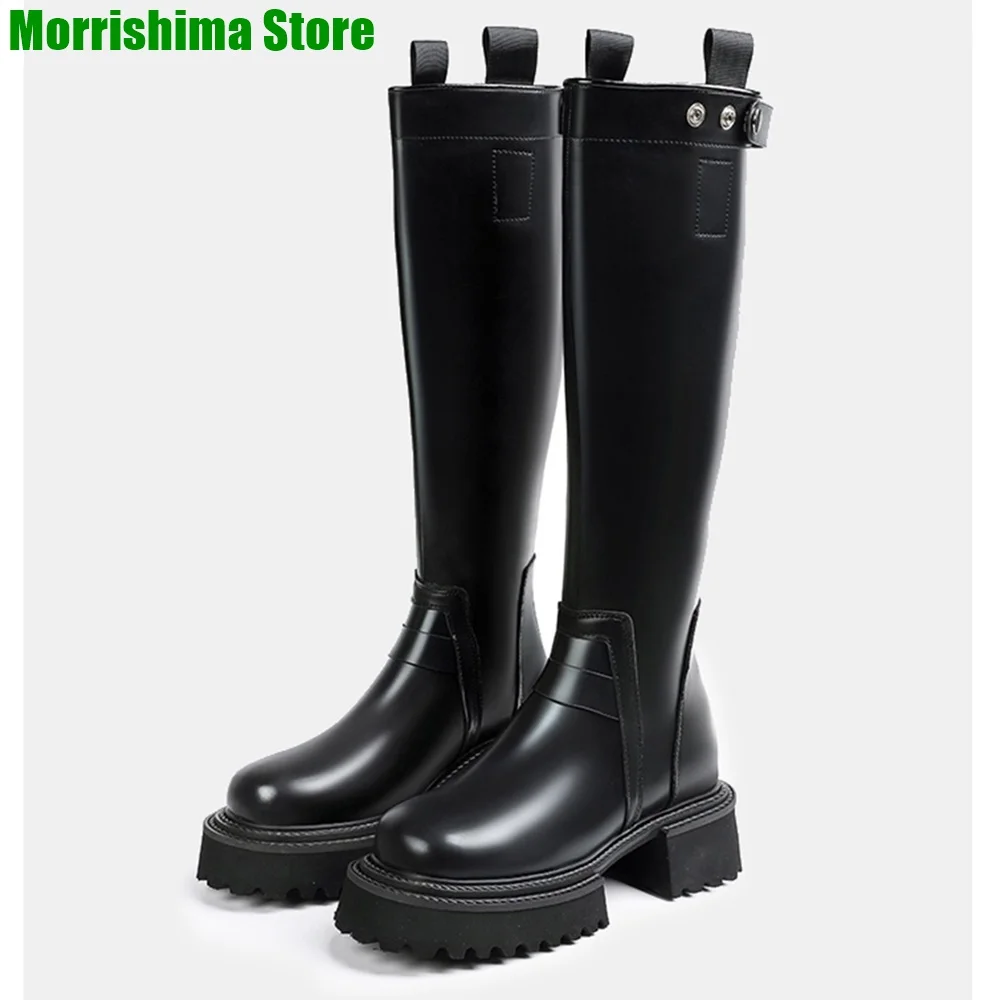 

Thick-Soled Round Toe Knight Boots Square Heel Zipper Casual Knee-High British Style Boots 2024 New Fashion Black Women Shoes