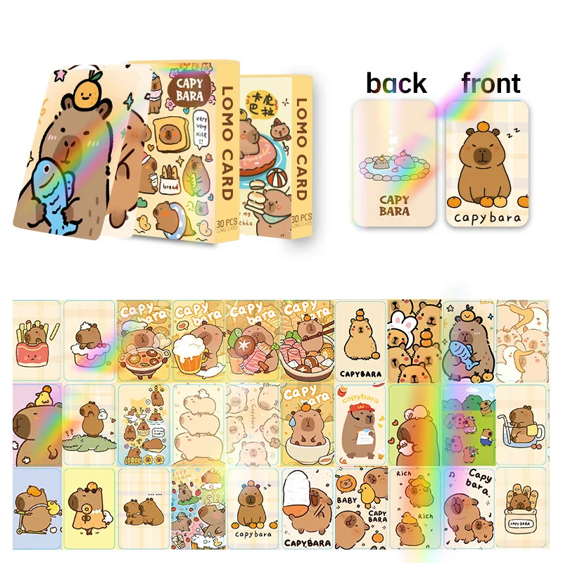 Tarjeta de Capybara Flash láser de 30 piezas, tarjetas pequeñas de doble cara, LOMO, caja periférica de Anime, colección de tarjetas de felicitación, regalos