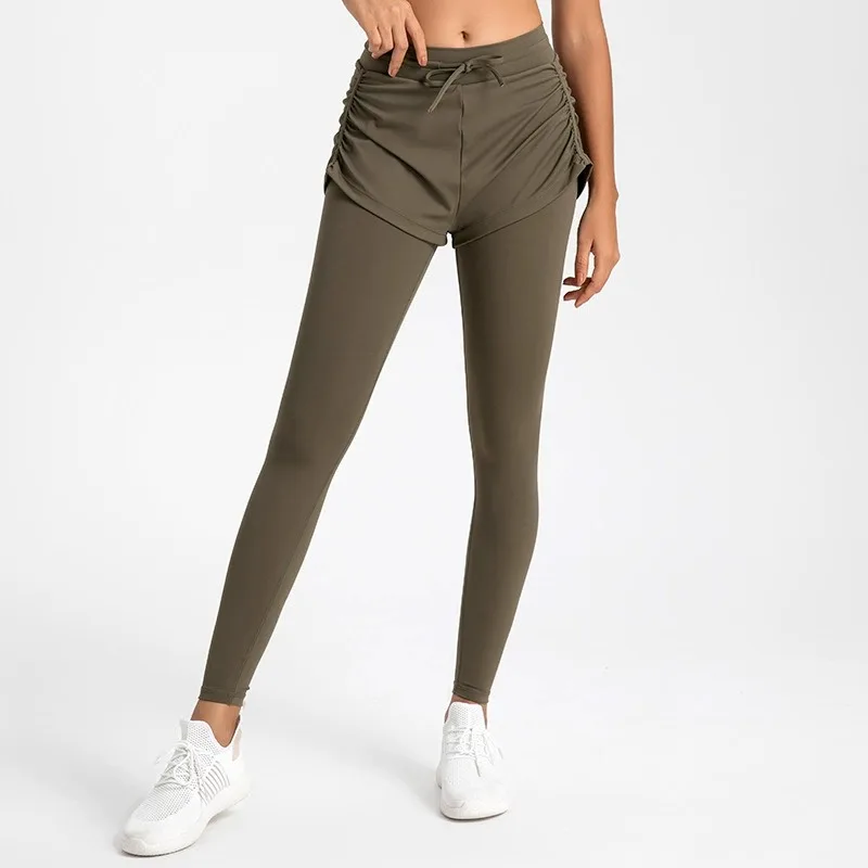 

2025 Autumn Women High Waist Yoga Pants Butt Lift Fake Two Piece Leggings Slim Fit Elastic Gym Running Training Sports Pants