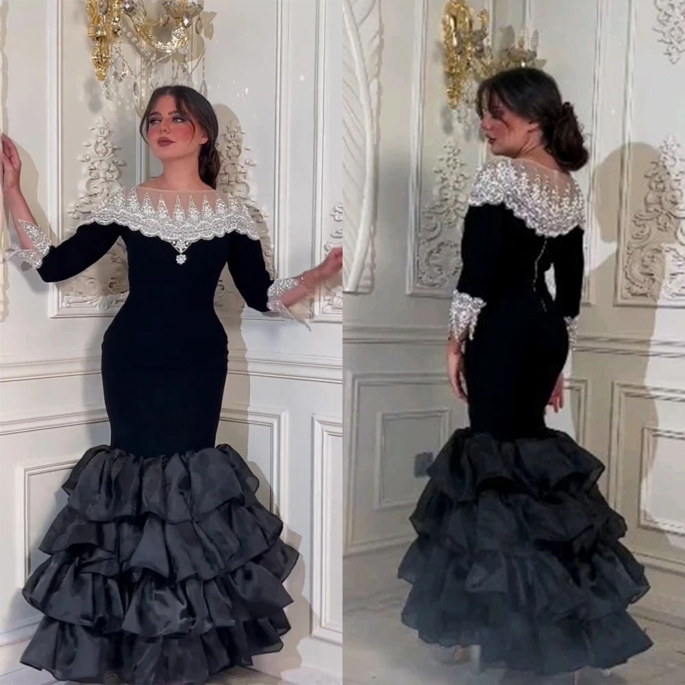 Vestidos de noche personalizados de sirena con barrido/cepillo, vestido para ocasiones formales de gasa con lentejuelas/lentejuelas en capas