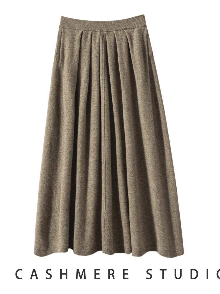 Nieuwe Chique Gratie Vrouwen 100% Kasjmier Geplooide Volledige Rok Herfst Winter Kantoor Dame Luxe Kasjmier Lange Rok Koreaanse Gratie Jurk