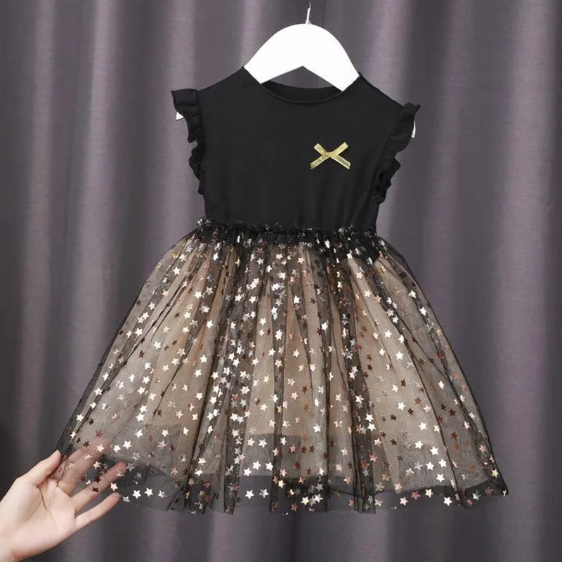 Mädchen Baumwoll-Tüll Stern-Pailletten Ärmelloses Kleid Schwarz Einfarbig Flügelärmel Lässiges Kinder-Prinzessinnenkleid