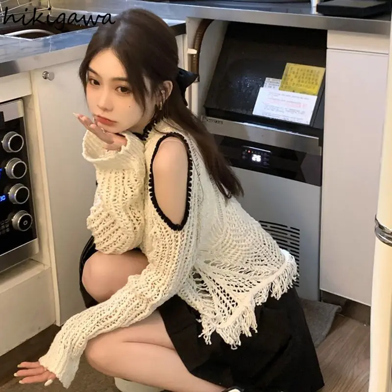 White Long Sleeve Pullovers Women Fashion Korean Jumper Pull Femme Off Shoulder Hollow Out Knitted Thin Sweater Casual Y2k Tops