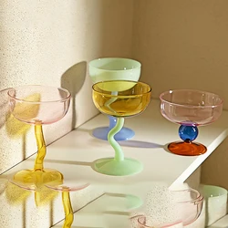 Round Bowl Goblet Dessert Glass Mug S-shaped Cup Stem Ice Cream Bowl Cup Milkshake Dessert Cup Colored Borosilicate Glass