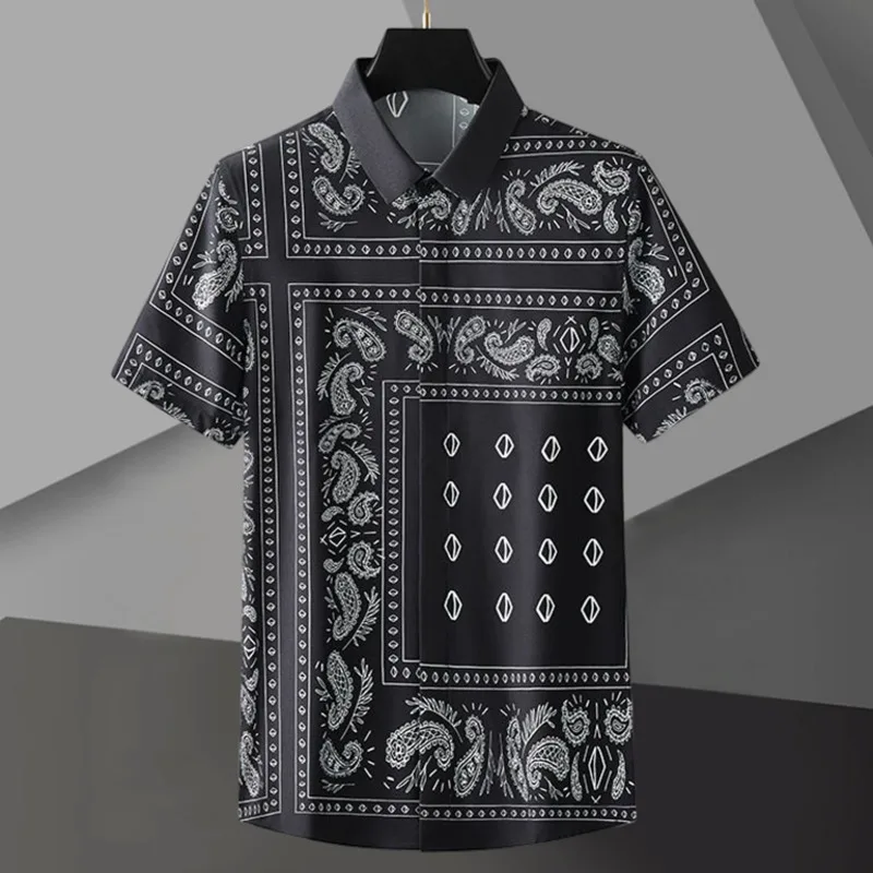 

Top Quality Summer Ethnic Print Shirt For Men Fashion Short Sleeve Casual Shirts Cashew Flower Beach Shirt Social Streetwear Top