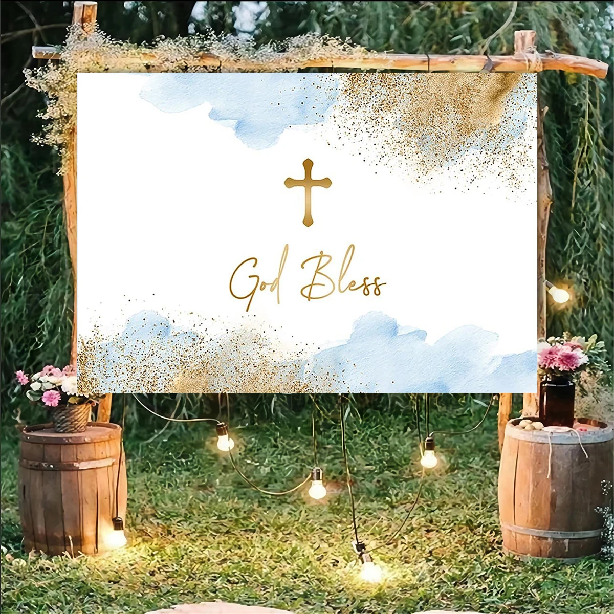 God Bless Backdrop First Holy Communion Baptism Background Flower Gold Dots Christening  Photoshoot Gold Grail Cross Peace Decor