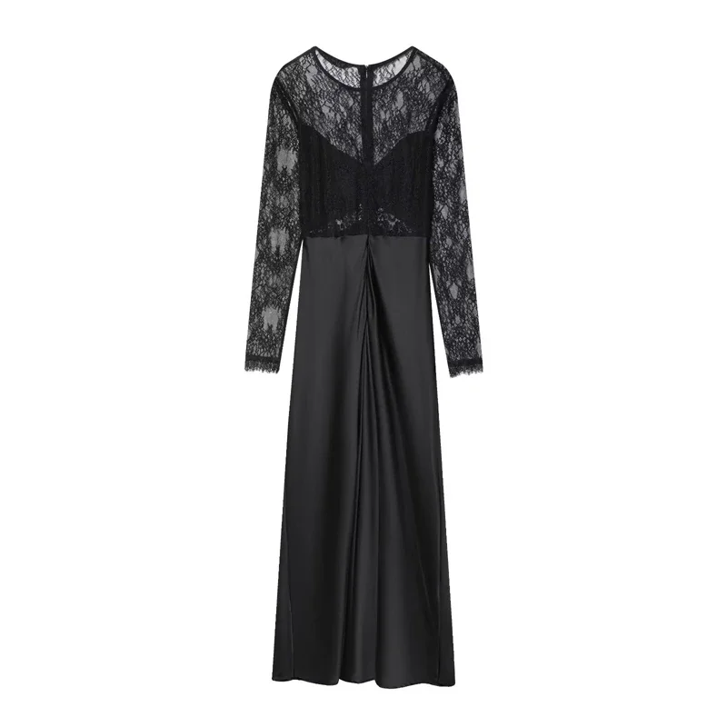 

2026 High-Quality Spring and Summer Vintage Lace Sleeve Dress - Women's Black Satin Long Dress, Fashionable Party Style