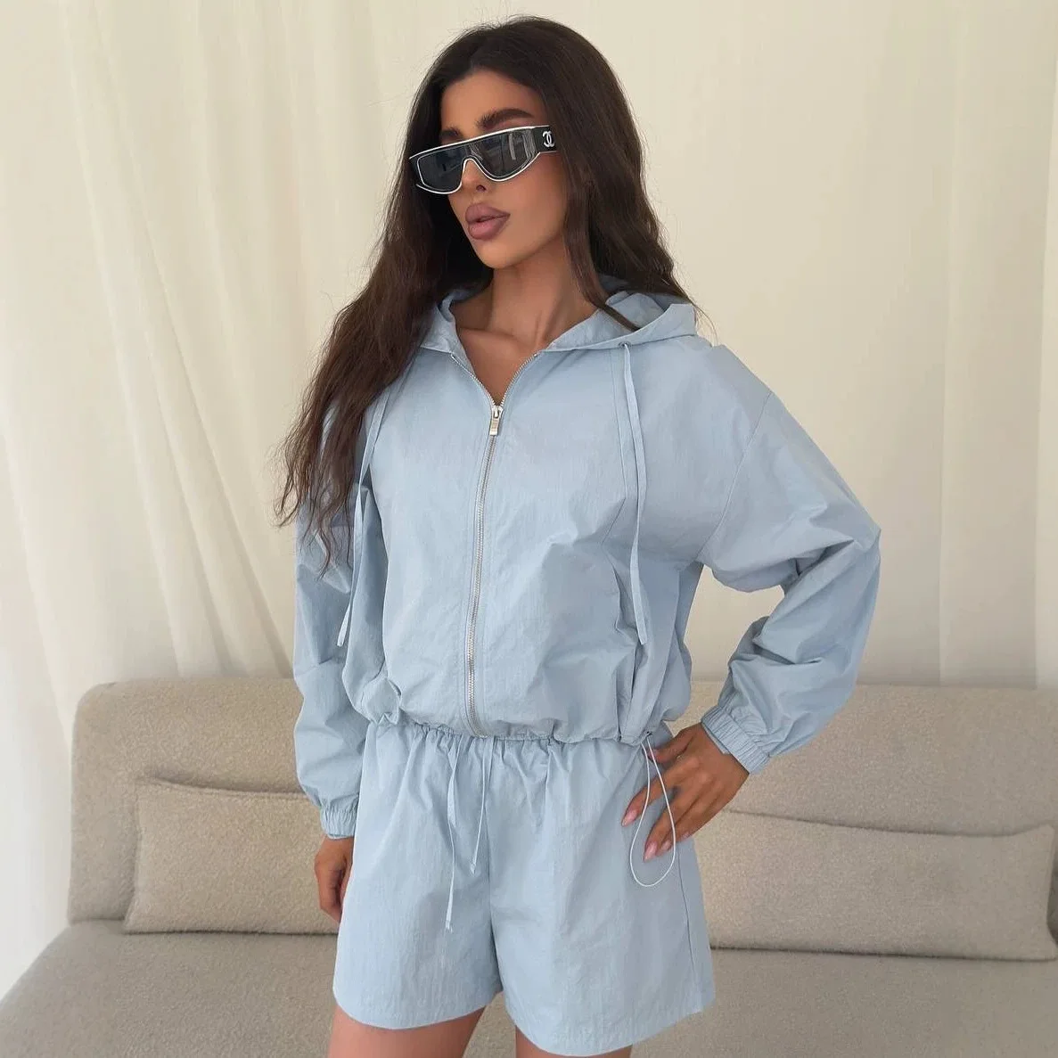 Zipper Hooded Long Sleeve Loose Shorts Elastic Waist High Waist Shorts Sun Protection Women's Casual Sportswear Two-Piece Set