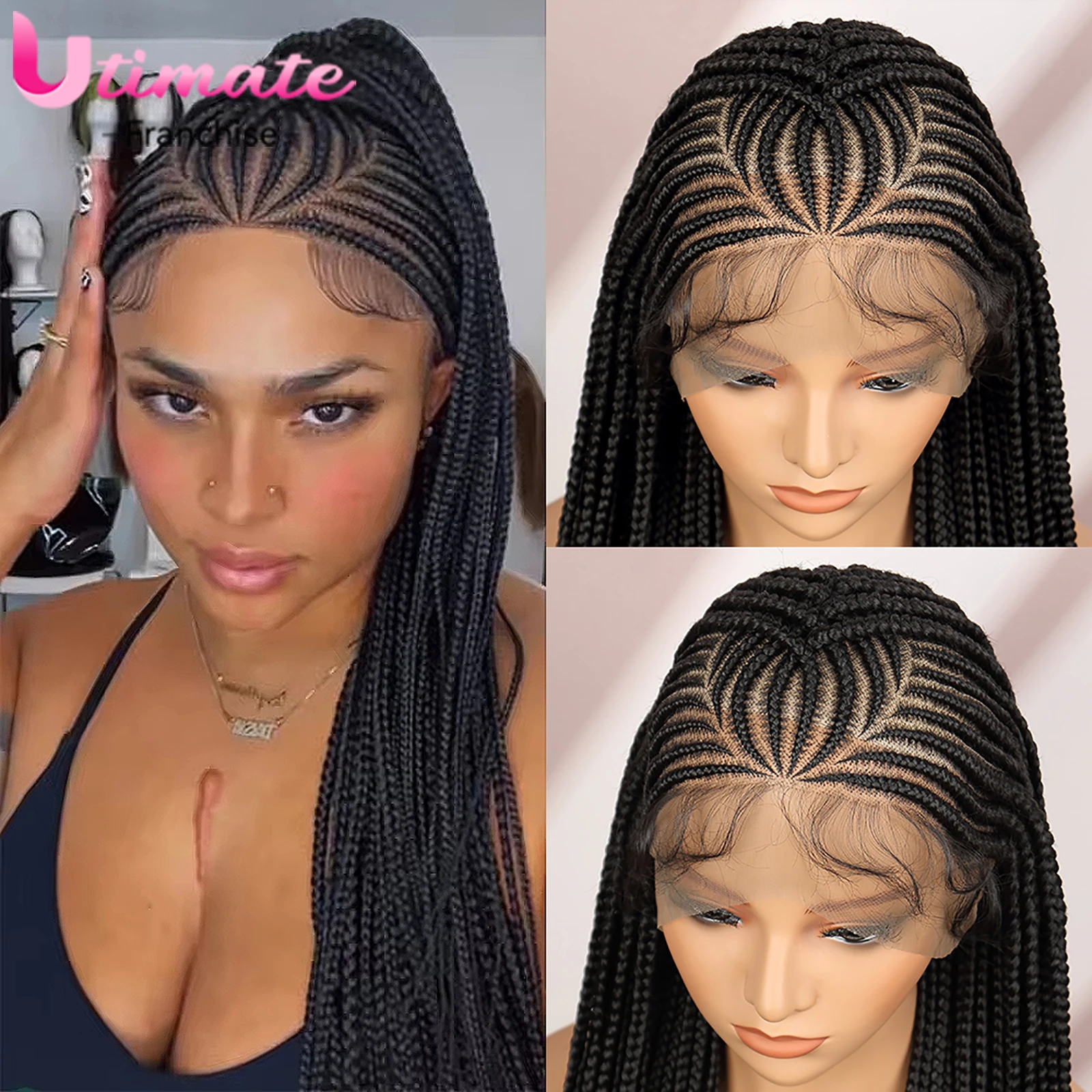 Perucas trançadas de cornrow sintético para mulheres negras, renda cheia, caixa, mulheres americanas, uso diário