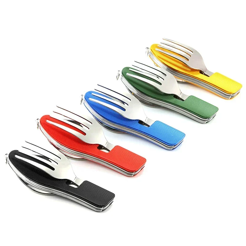 4 In 1 Outdoor Tableware Set Camping Cooking Supplies Stainless Steel Spoon Folding Pocket Kits Home Picnic Hiking Travel Tools