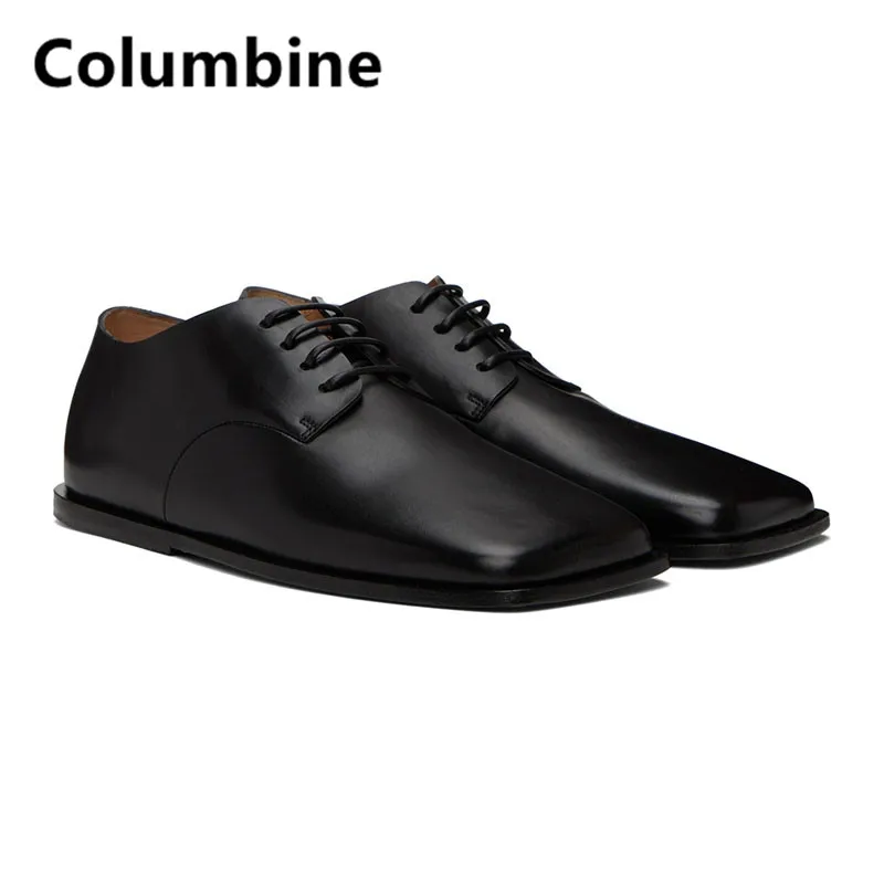 

Black Square Toes Single Layer Leather Loafers Men Shoes Cattlehide Men Lace-up Oxfords Shoes Male Comfort Office Casual Shoes