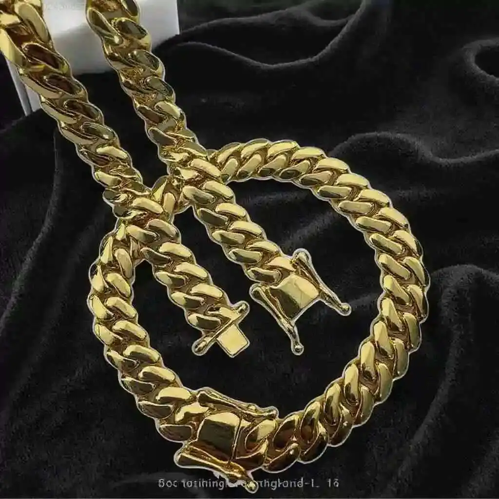 

14K Gold Plating Hiphop Cuban Chain Copper Alloy Men Necklace 10mm 12mm Plain Miami Cuban Link Chain