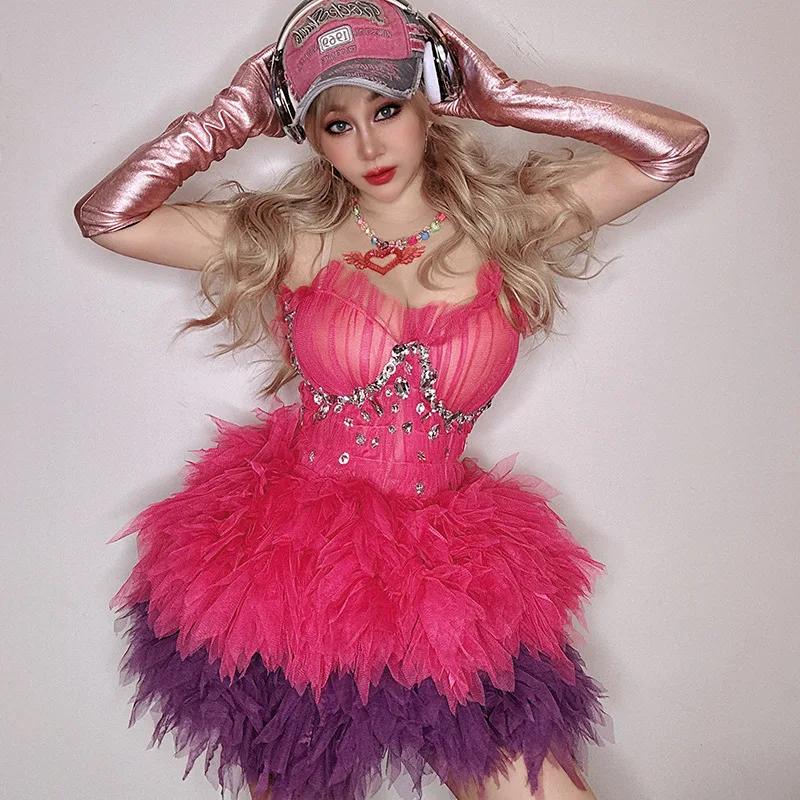 

Birthday Clothing Diamond Performance Clothing Rose Pink Purple Feather Tube Waist Vitality Sunshine Leather Pink Gloves Pretty