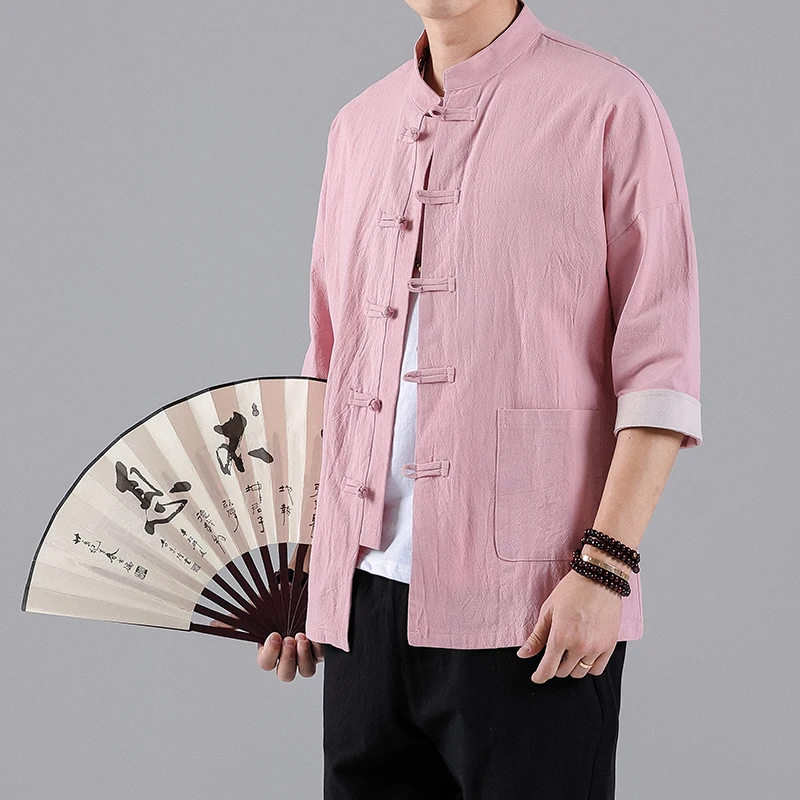 Chinese Style Shirts Men Tops Tang Suit Linen Half Sleeve Solid Traditional Kung Fu Hanfu Shirt Vintage Casual Tshirts Plus Size