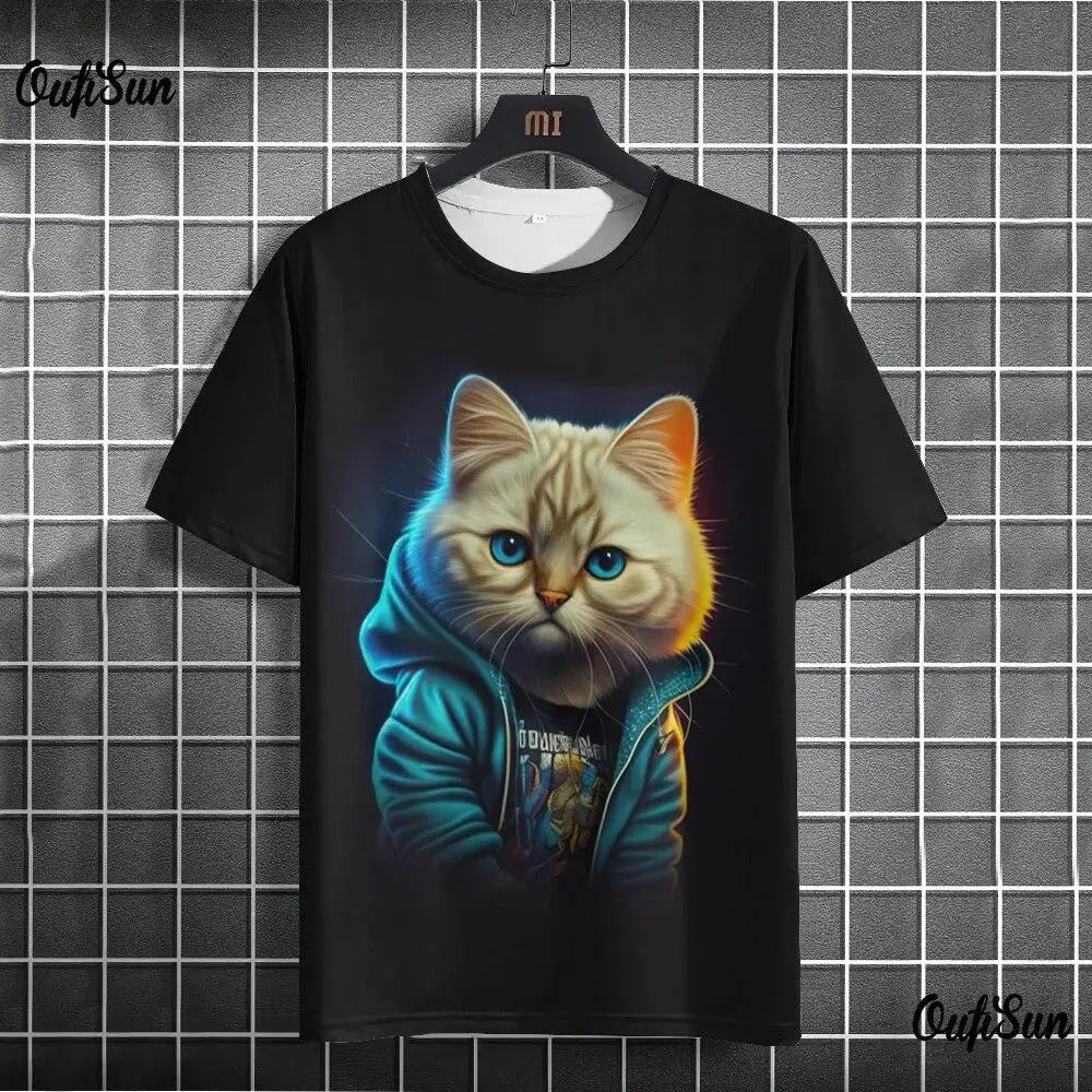 Punk Style Men's T-shirts 3D Cool Cat Print Short Sleeve T shirt Fashion Personality T shirt Outdoor Sports Tops Summer Clothing