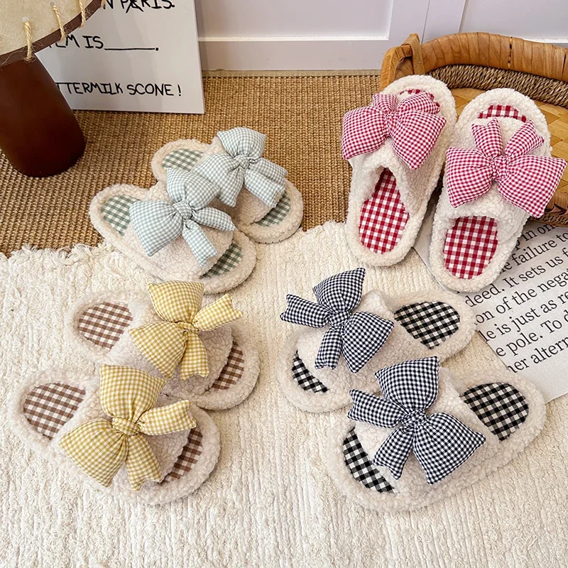 Girls Plush Open Toe Slippers, Gingham Bow with Lace Trim, Non Slip Sole, Cute Warm House Slippers for Indoor Daily Wear