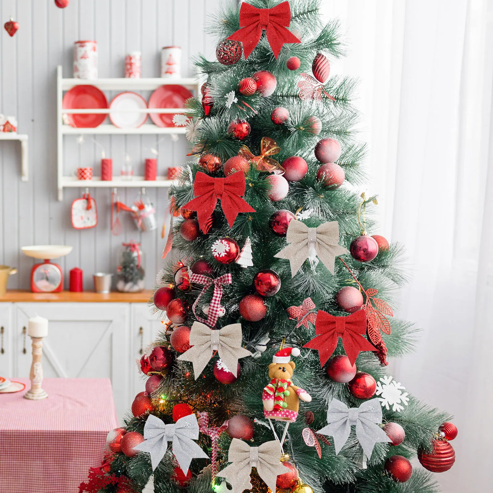 

6Pcs Christmas Tree Bow Glitter Hanging Ornament Decor for Holiday Home Xmas Wreath Garland Decoration Bows for Crafts