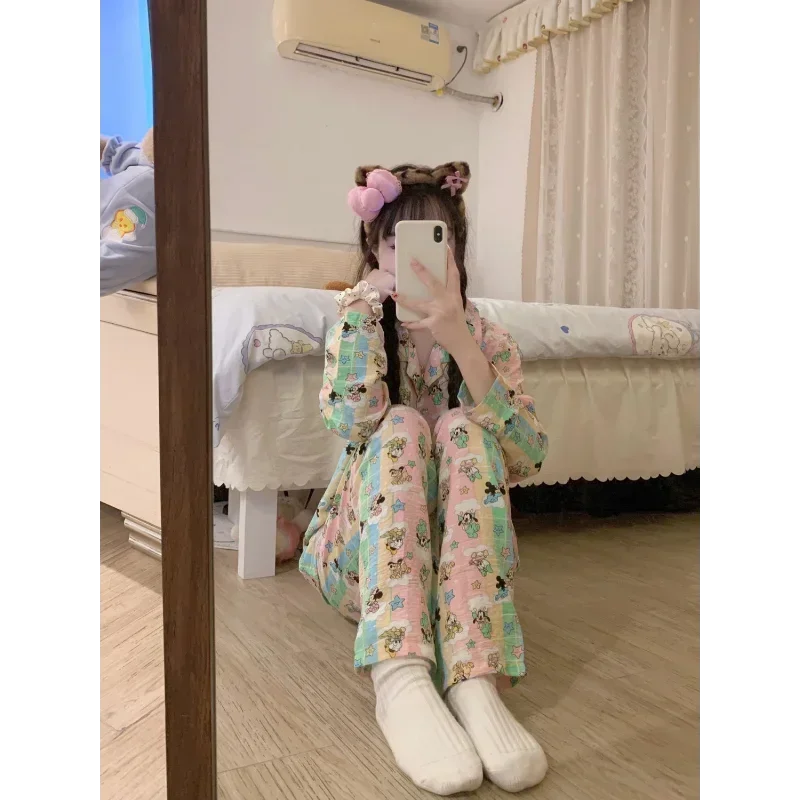 DisneyMickey Mouse Autumn Cotton Long Sleeve Pants Two-piece Set Women's Pajamas Homewear Silk Pajamas Women's Pajamas Pants Set