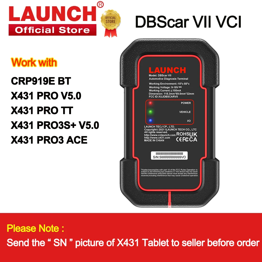 LAUNCH X431 DBScar VII VCI support work with CRP919E BT/ X431 PRO V5.0/ PRO TT/ PRO3S+ V5.0/ PRO3 ACE