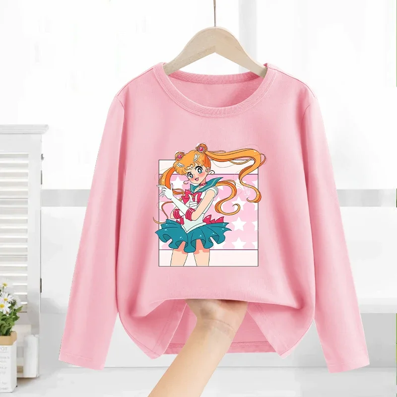 Sailor Moons Girl Kids Pink Long Sleeve Sweatshirt Thin Clothes Childern Anime Cartoon Print O Neck Tops Christmas Birthday Gift