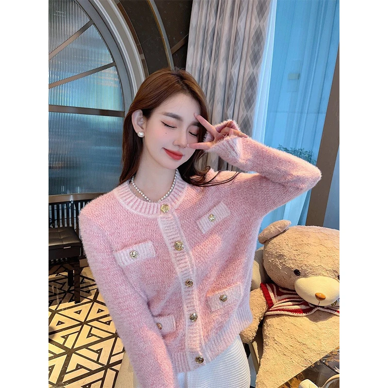 Women Autumn Winter Elegant Temperament Sweater Solid Color O-neck Long Sleeve Knitwear Fashion All-match Knitting Cardigan Coat