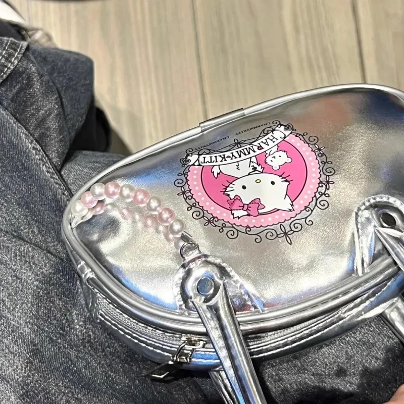 MBTI Hello Kitty Women Handbag Silver Small Vintage Summer Fashion Leather Boston Bag Pearl Sweet Cute Kawaii Cartoon Female Bag