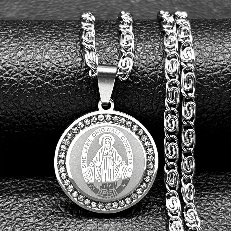 Hip Hop Virgin Mary Medal Wisiorek Naszyjnik dla kobiet Mężczyźni Stal nierdzewna Złoty / srebrny kolor Rhinestone Chrześcijańska biżuteria łańcuszkowa — zdjęcie 4