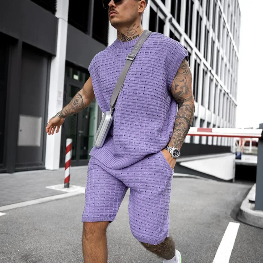 Men Suit Large Size Spring Summer Short Sleeve Knit Tops and Shorts Two Piece Sets Long Sleeve Sportswear Streetwear Men Fashion