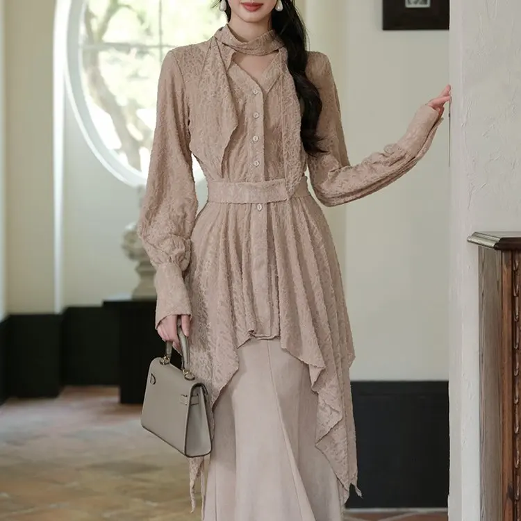 

Design Sensation Commute Waist Cinched Lace irt Suede Patchwork Fi Tail f Skirt Women's Faion Set Autumn Long Sve