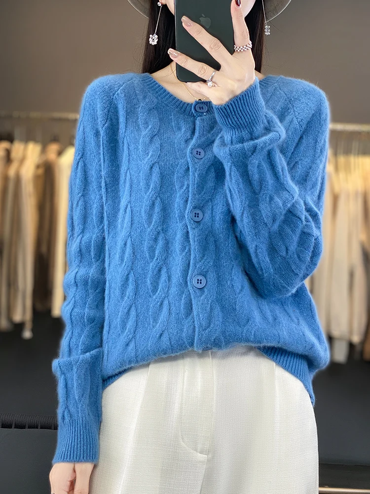 

Autumn Winter Thick Women Cardigan 100% Merino Wool Sweater Warm Casual O-neck Twist Cashmere Knitted Coat Korean Fashion Tops