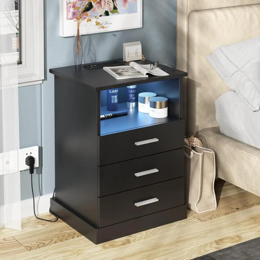 

Black LED Nightstand with Charging Station, with 3 Drawers and Light,End Table with Open Storage, Beside Cabinet for Bedroom