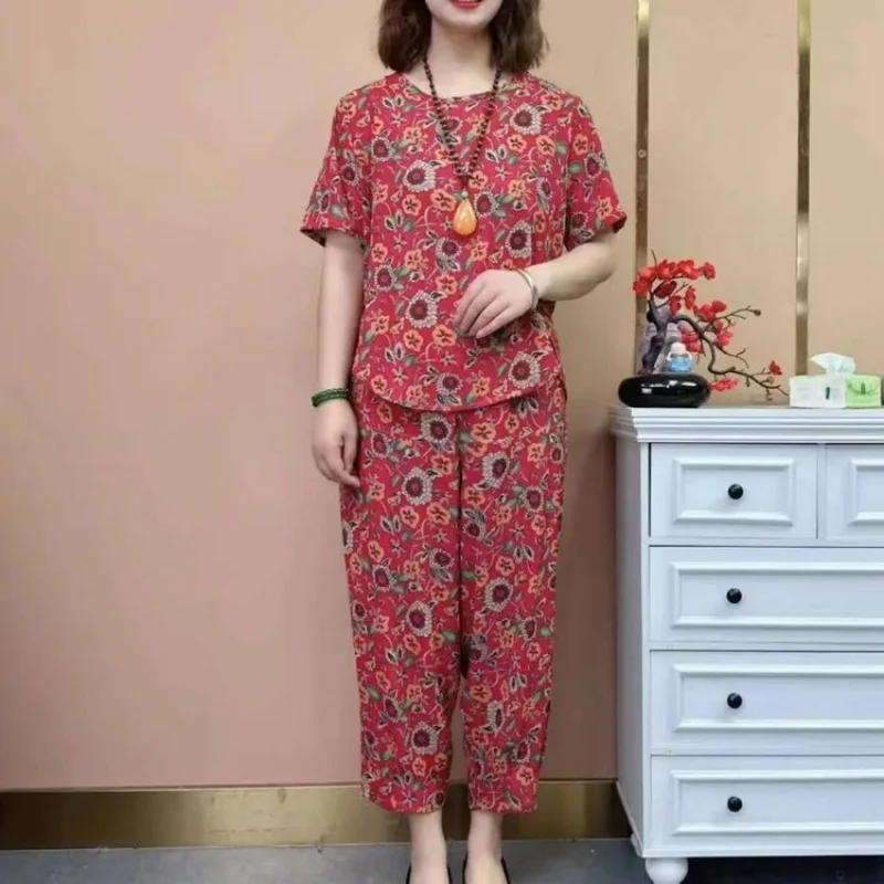 

Grandma Summer Women's Suit Temperament Pajama Sets Fashion Two-piece Short Sleeve Sleepwear T-shirt Plus Size Homewear Pijama