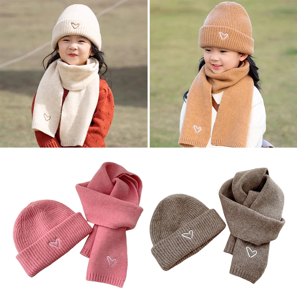 Solid Color Crochet Hat With Scarf Two-Piece Set Wool Knitting Skullies Cap Thicken Warm Neckerchief Child Winter Hat Scarf