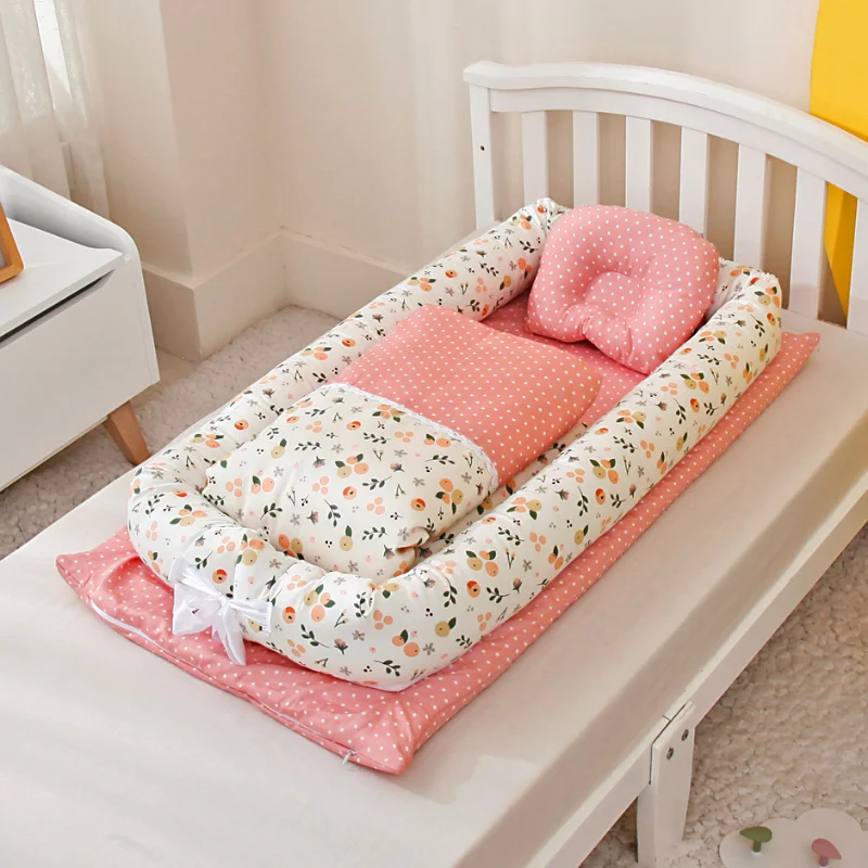 Cartoon Printing Pure Cotton Crib Bed(with Quilt) Portable Foldable Washable Baby Furniture Newborn Travel/isolation Bed Bumper