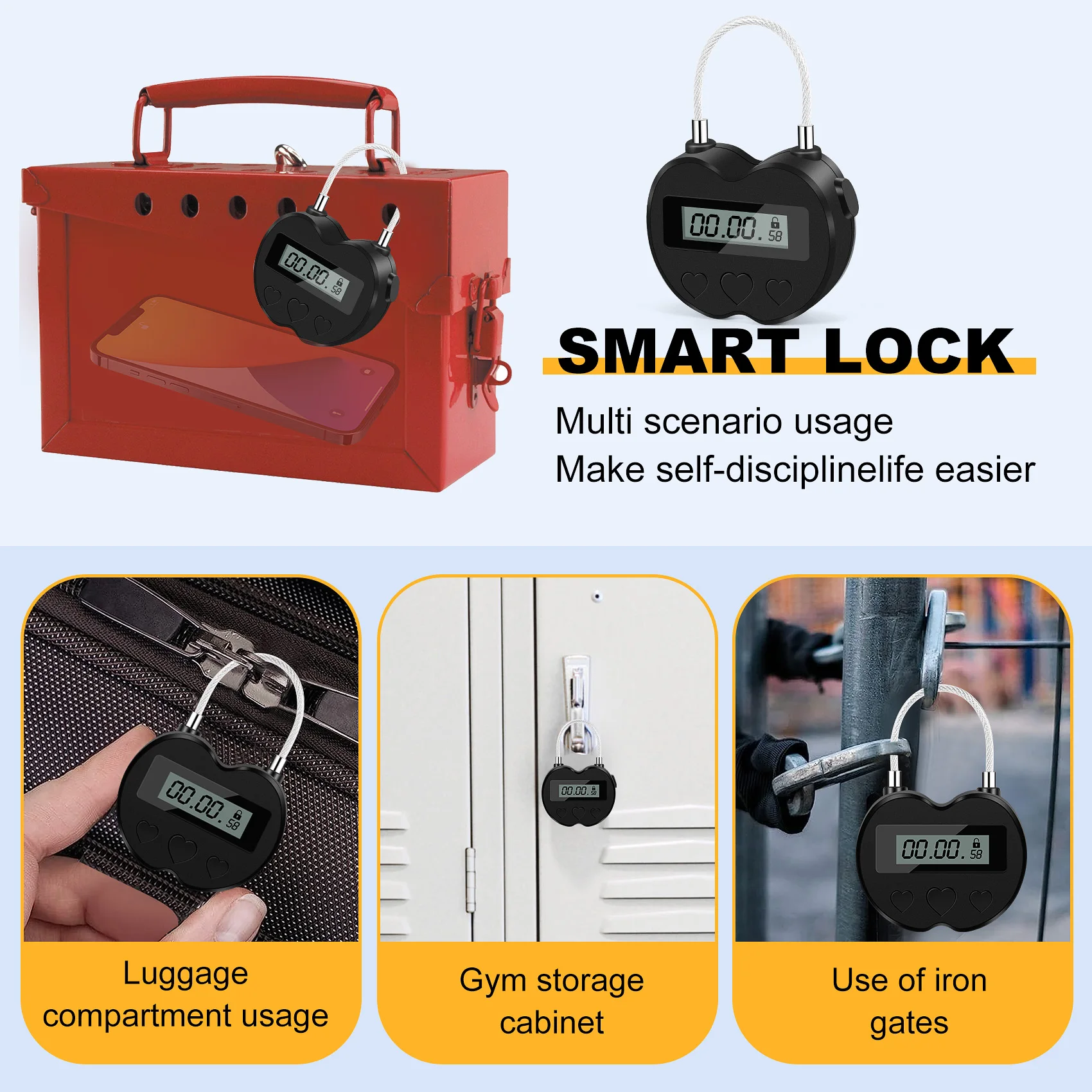 Display LCD Smart Time Lock, Multifunções Viagem Temporizador Eletrônico, impermeável USB recarregável, Temporizador Temporário Cadeado