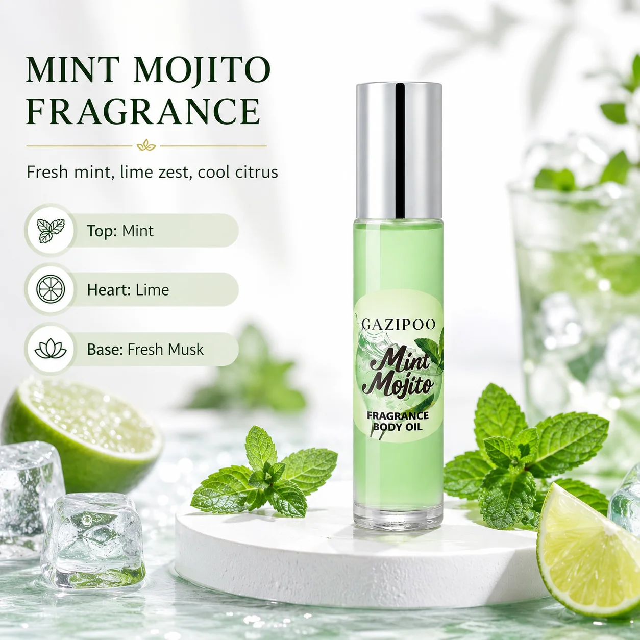 10ml Mint Mojito Fragrance Body Oil - Cool Fresh Subtle Perfume Oil, Original Eau de Toilette Traveling or Dating Bathroom Use