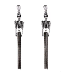 Vintage Punk Skeleton Skull Dangle Clip Earrings for Women Without Piercing Long Exaggerated Halloween Ear Clips Party Jewelry